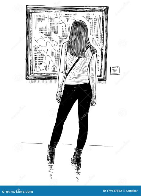 Sketch Of Girl Standing In Front Of Picture In Museum And Looking Stock