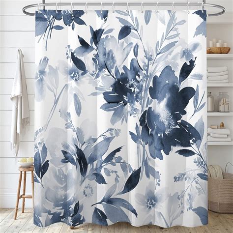 Decoreagy Blue Floral Shower Curtain Setsnavy White Lush Flower Shower