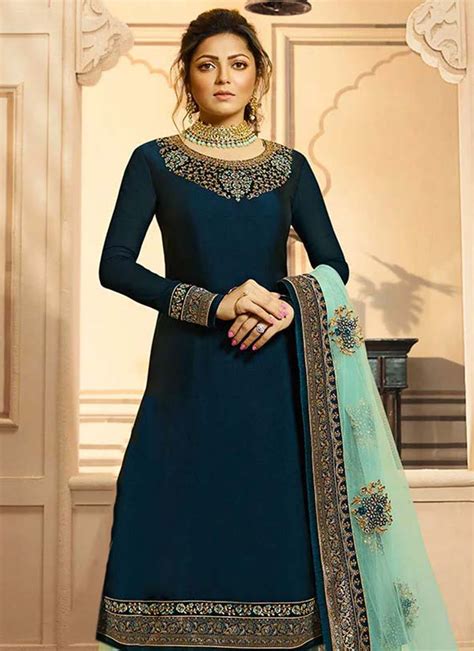 Buy Drashti Dhami Teal Blue Embroidered Palazzo Suit Embroidered Palazzo Suit Online Shopping