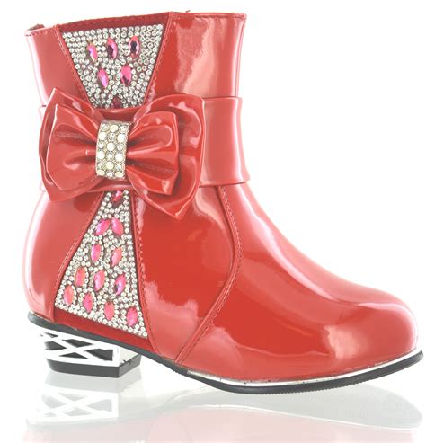 Children Girls Kids Patent Low High Heel Mid Calf Party Fashion Boots
