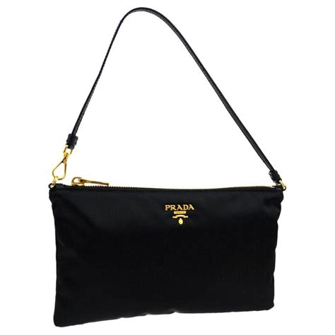 Prada Black Nylon Gold Small Mini Pochette Top Handle Evening Shoulder