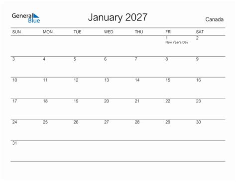 Printable January 2027 Monthly Calendar With Holidays For Canada