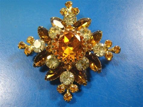 Judy Lee Rhinestone Brooch Pin Big Amber Clear High