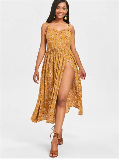 [24 Off] 2021 Floral Slit Cami Flowy Dress In Bee Yellow Zaful