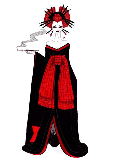 A Drawing Of A Woman Dressed In Black And Red