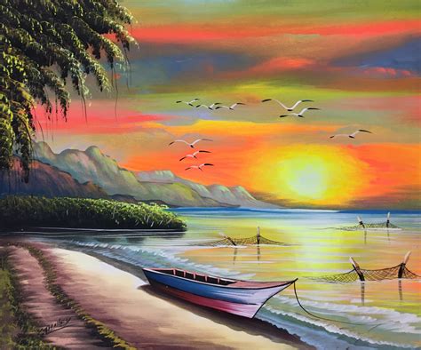 Surfing In The Dominican Republic Signed Oil Painting Very Good