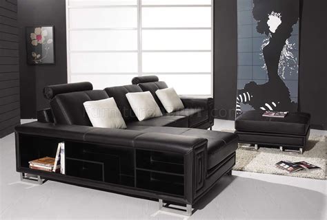 Black Leather Modern Sectional Sofa Wshelves And Ottoman