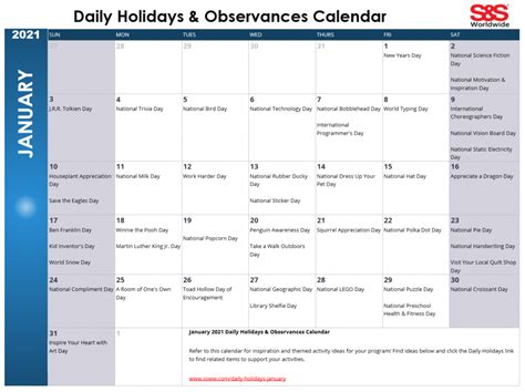 Daily Holidays And Observances Printable Calendar Archives Sands Blog