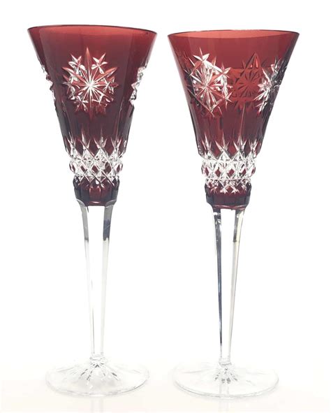 Lot Pair Waterford Crystal Ruby Snowflake Champagne Flute