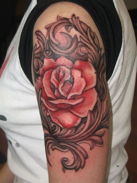 Red Rose Is Surrounded By Ornament Tattoo On Half Sleeve Tattooimagesbiz