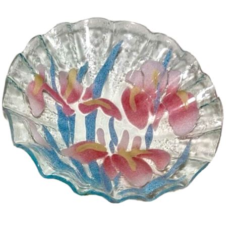 Vintage Sydenstricker Fused Art Glass Bowl Plate Pink Blue Floral Ruffled Edges Ebay