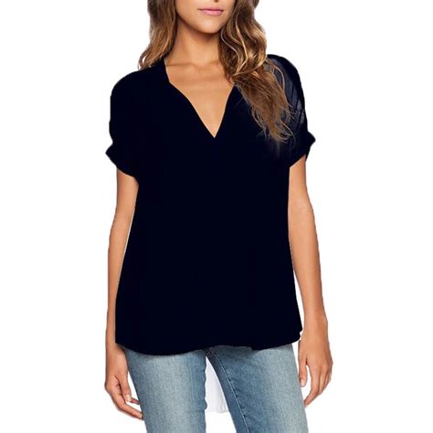 Summer Women V Neck Blouses Short Sleeved Shirt Solid Color Female