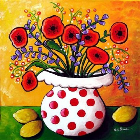 Red Poppies In Polka Dots Floral Fun Whimsical Folk Art Giclee Print Etsy