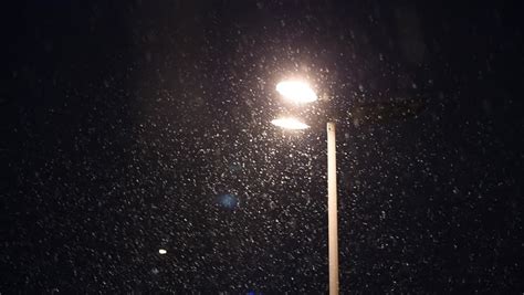 Snow Falling With Streetlight Beams At Night Loop Able