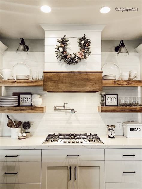 Cottage, vintage, rustic and tradition too. no soffit, open shelving, stove hood, white cabinets in ...