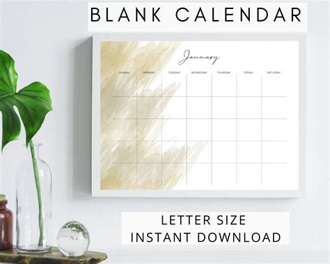 Blank Monthly Calendar Printable Wall Calendar Desk Calendar Instant