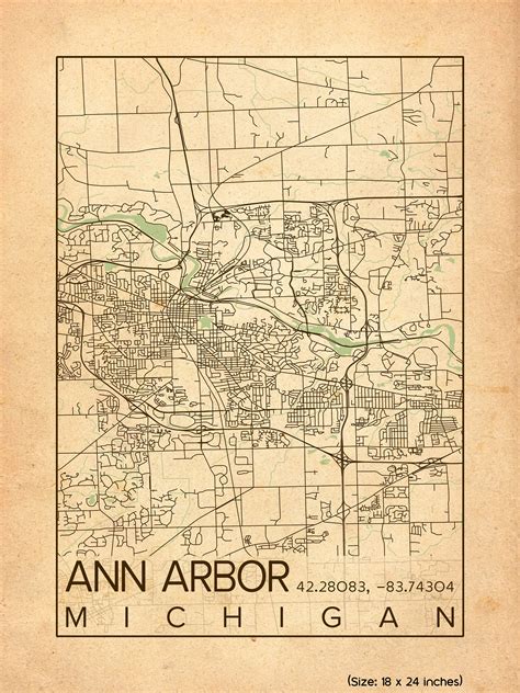 Ann Arbor City Map Print Poster Antique Vintage Aged Ann Arbor Etsy