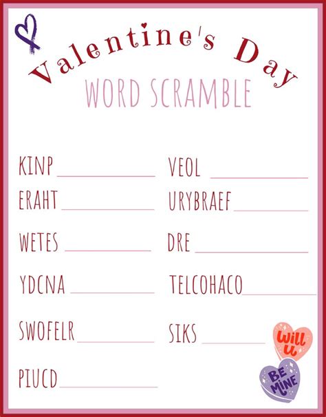 Printable Valentine Word Scramble With Answers