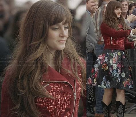 WornOnTV Laylas Black Floral A Line Skirt And Red Embellished Moto Jacket On Nashville