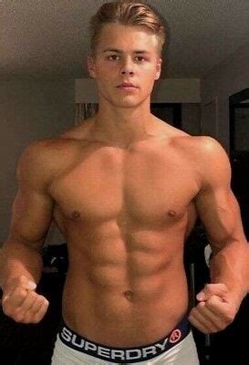 Shirtless Male Muscular Blond Gym Jock Flexing Hunk Beefcake Photo X