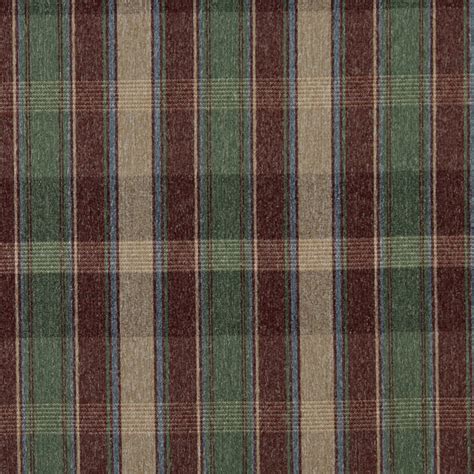 Burgundy Blue Green Beige Plaid Country Tweed Upholstery Fabric By The