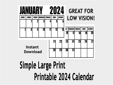 Large Print Simple Printable Calendar 2024 Calendar Jumbo Print 2024