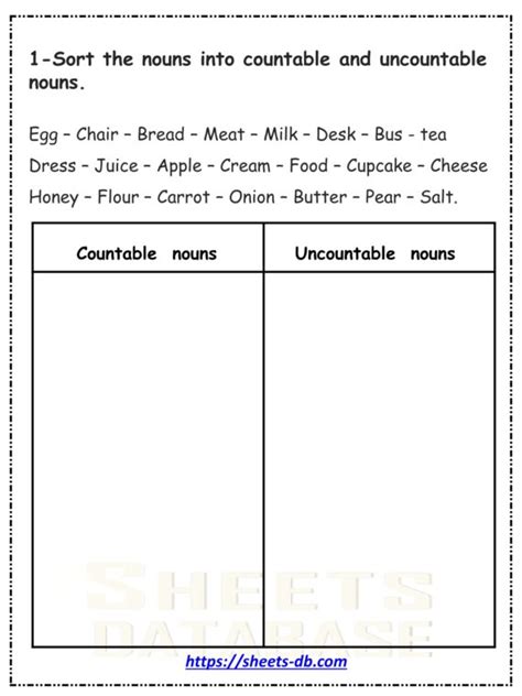 Countable And Uncountable Nouns Sheets