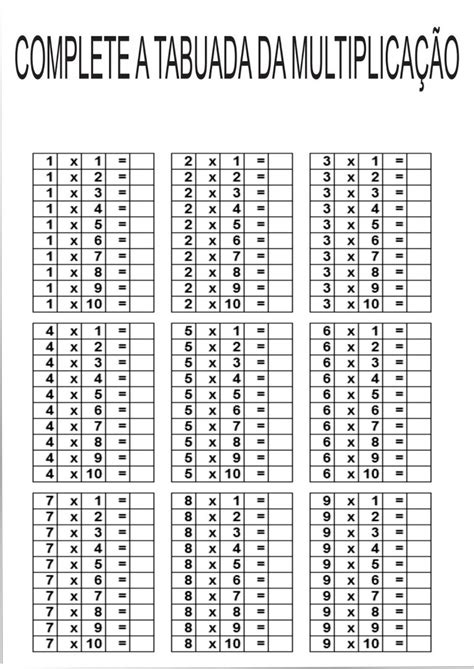 Tabuada De Multiplicação Do 0 Ao 9 Para Imprimir Mensagens E Atividades