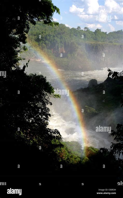 Rio Iguassu Iguazu Falls With Rainbow Taken From The Lower Trail On