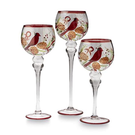 Essential Home 3 Piece Glass Goblet Candleholders Cardinals And Poinsettias