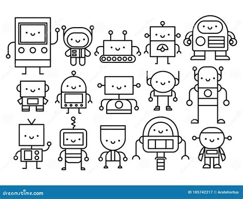 Set Of Cartoon Robots Isolated On White Background Stock Illustration