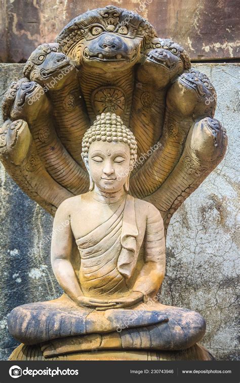 Beautiful Buddha Statue Made Sand Stone Cover Naga Heads Stone Stock