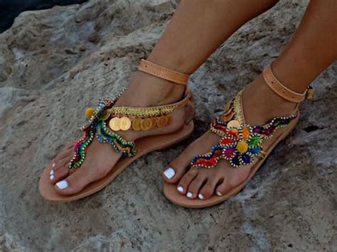 flat beaded leather sandals greek decorated sandals bohemian sandals women sandals handmade
