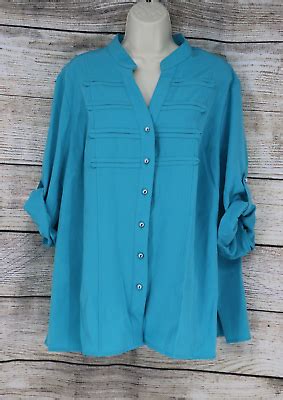 Kathy Che Stretch Womens Vintage Button Down Blouse Top Plus Sz W Turquoise EBay