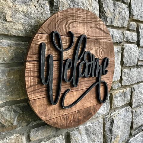 Rustic Welcome Round Reclaimed Wood Sign Welcome Decor Etsy Carved Wood Signs Wood Signs