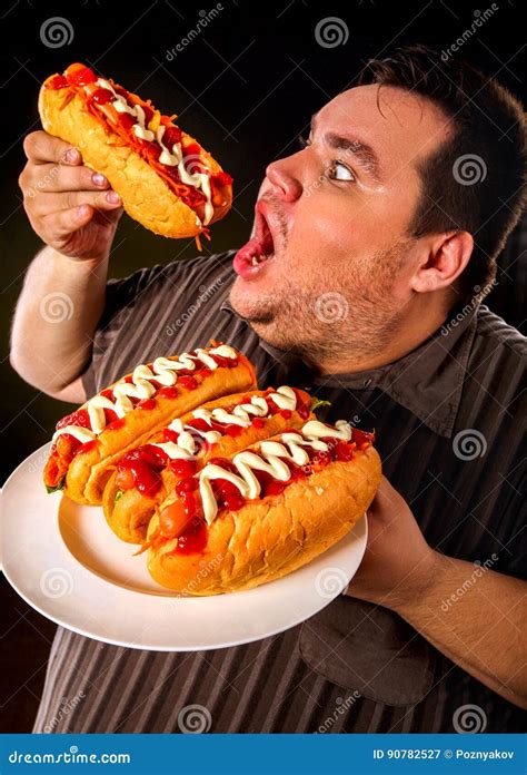 Fat Man Eating Fast Food Hot Dog Breakfast For Overweight Person