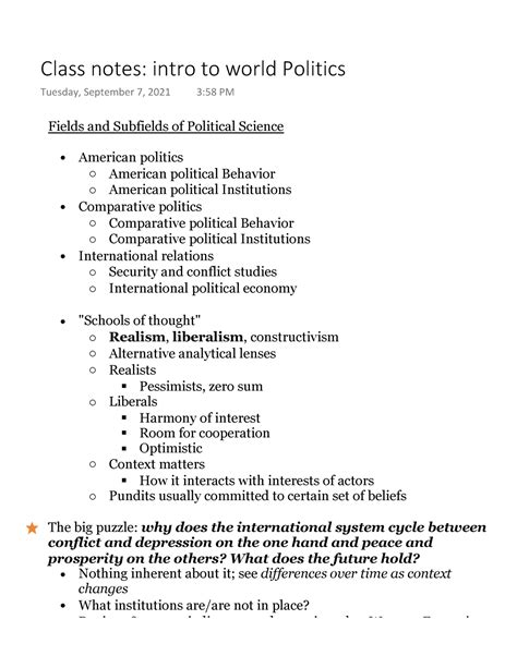Class Notes Intro To World Politics Fields And Subfields Of Political