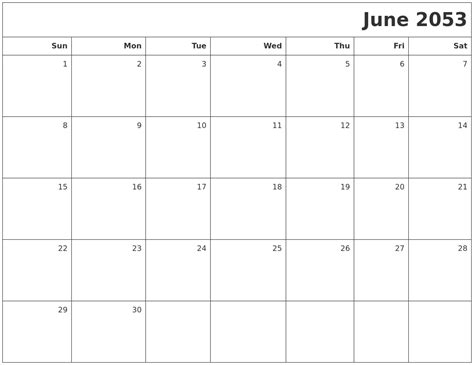 June 2053 Printable Blank Calendar