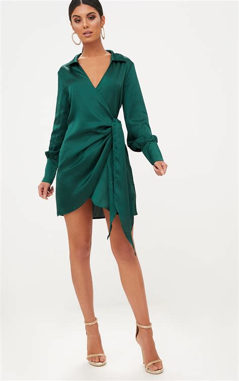 Emerald Green Satin Deep Cuff Wrap Front Shift Dress Prettylittlething Usa