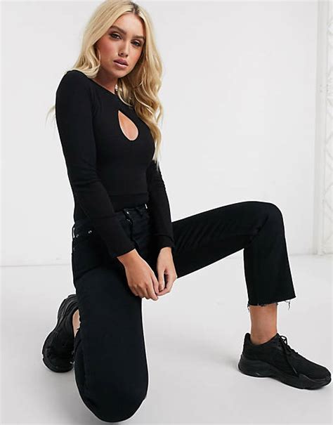 Missguided Ribbed Keyhole Front Bodysuit In Black Asos