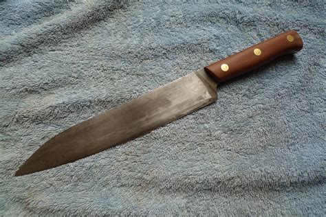kitchen handmade knife knives carbon steel stewart blade patina handle already showing signs