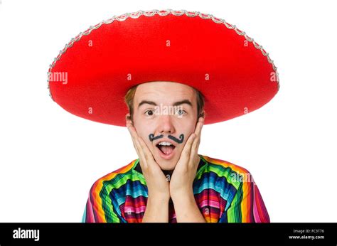 Funny Young Mexican With False Moustache Isolated On White Stock Photo