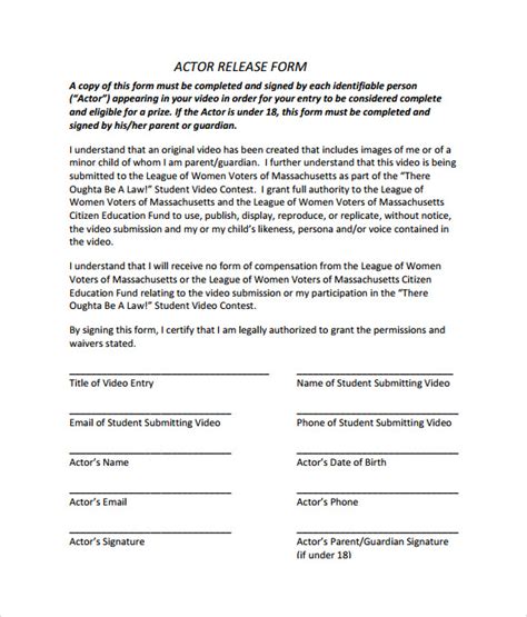 sample actor release forms   ms word