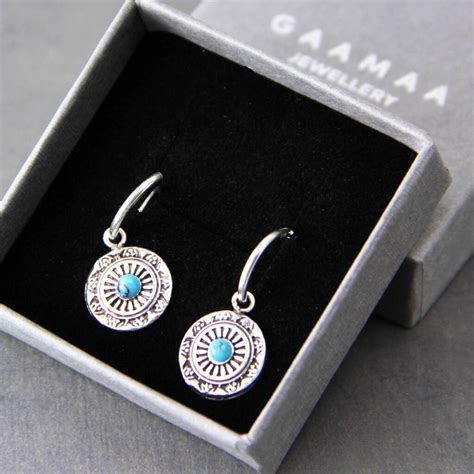 Sterling Silver Stamped Turquoise Hoop Earrings By Gaamaa
