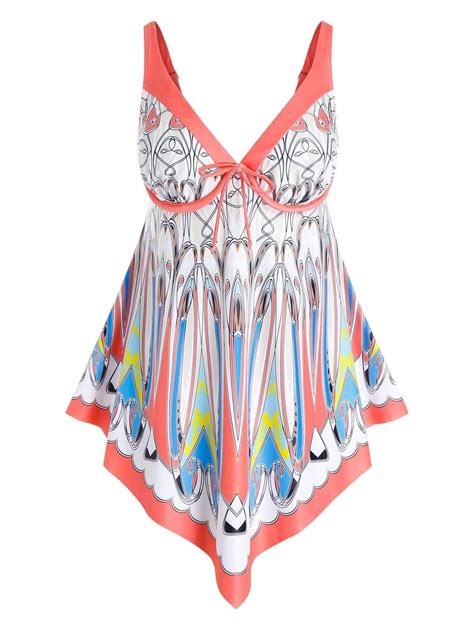 Plus Size Asymmetrical Print Tie Underwire High Rise Tankini Swimwear