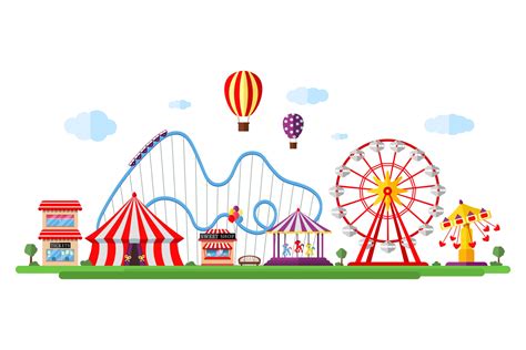 Amusement Park With Circus Carousels Roller Coaster And Attractions