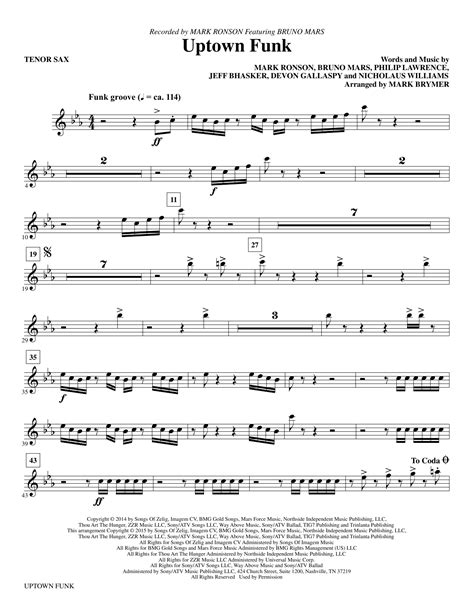 Uptown Funk Tenor Saxophone Sheet Music Mark Brymer Choir