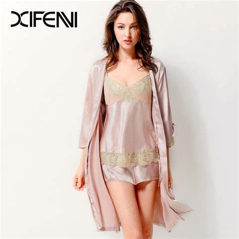 Xifenni Pajamas Satin Silk Sleepwear Women Summer Pyjama Sets Faux Silk