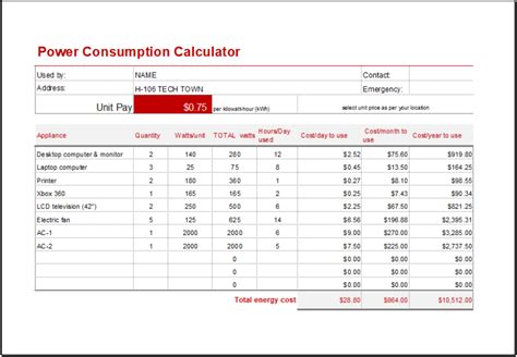 Power Consumption Cost Calculator Template Excel Templates