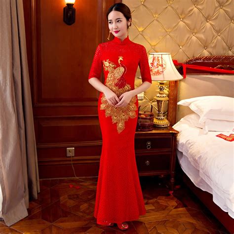 Fashion 2018 Red Cheongsam Sexy Qipao Long Traditional Chinese Dress